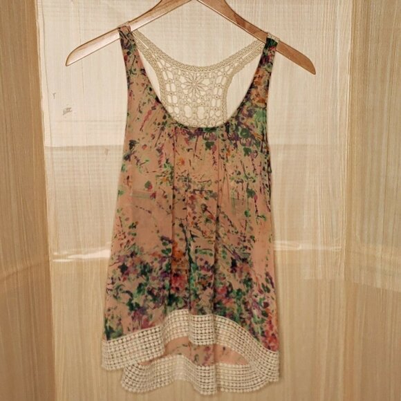 Collective Concepts Womens Floral Boho Flowy Tank With Crochet Detail Medium - Picture 1 of 7